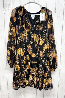 Blue Rain Dress Women Size Large Floral Ruffle Smocked Long Sleeve Swing Mini