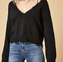 Honey Punch Distressed Drop Shoulder Sweater in Black