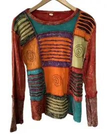 Unbranded 100% Cotton Mineral Wash Dye Geometric Patchwork Long Sleeve Shirt L