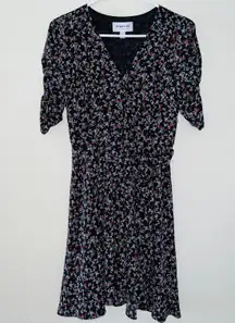 Collective Black Floral Ruched Sleeve Mini Wrap Dress