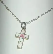 Vintage Silver Tone Dainty Floral Enamel Cross Pendant Necklace