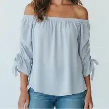 NWT. Light Blue Off the Shoulder Blouse with Ruched Sleeves