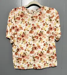 Abercrombie & Fitch Orange Floral Button Back Crewneck Short Sleeve Boxy Top M