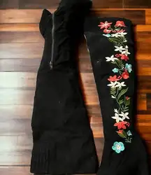 Qupid Miss 10‎ Embroidered Floral Thigh High Boots Black Faux Suede Size 5.5