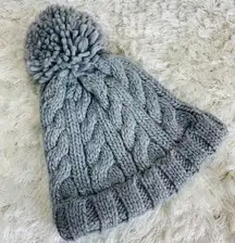 Gray Cable Knit Winter Stocking Cap Hat Puff Ball
