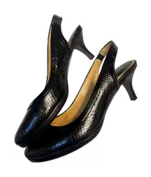 Cole Haan Slingback Heels Black Leather Embossed Kitten Pointed Toe Pumps 6B