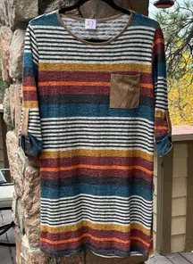 Wanna B Size M Boho Striped Mini Dress Tunic Top Tan Blue Ivory Gray Wine