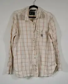 Carhartt Loose Fit Button Shirt Womens XL Cream Plaid Front Pockets Super Soft