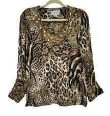 Victor Costa Silk Animal Print Silk Beaded Blouse Womens XS Tunic Vintage Brown