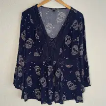 Torrid Navy Blue Sugar Skull Babydoll Top Crochet Lace Up Halloween Boho Fall 1X