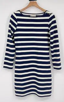 Sail to Sable Dress Womens XS Navy Cream Striped Knit Shift Button Shoulder