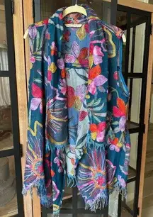 Soft Surroundings Wool Floral Embroidered Frayed Vest Cardigan Sweater colorful