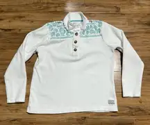Orvis Women's M White Long Sleeve Polo Paisley‎ Button Floral cotton Sweatshirt