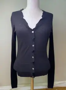 Elie Tahari Women's Silk Cashmere Ruffle Long Sleeve Button Black Cardigan XS