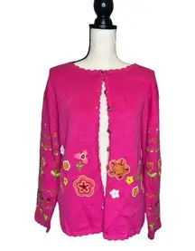 Tiara International Pink Oversized Floral & Embroidered Knit Cardigan Size Small