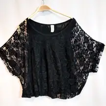 DISCREET Black Lace Batwing Half Sleeves Round Neck Lined Shirt Blouse Top