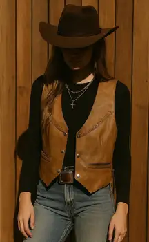 Vintage American MOB boho cowgirl leather western vest jacket large festival