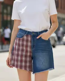 NWT Easel Burgundy Plaid Flannel Panel Denim Asymmetrical Mini Skirt Large