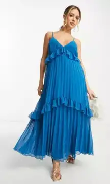 ASOS DESIGN NWT strappy pleated ruffle midi maxi dress with frills in blue
