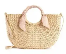 Lauren Conrad Straw woven handbag with polka dotted scarf