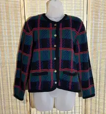 Tally Ho Vintage 1990s Y2K Plaid Tartan Button Down Cardigan Sweater Wool Medium