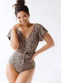 Albion The Destiny Leopard Print Belted Flutter Sleeve One Piece Swimsuit Large