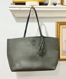 Tory Burch McGraw Tote Bag Olive Green Tassel Double T Logo Fair Condition