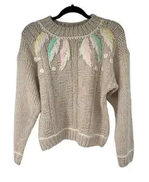 Vintage Tan Pastel Feathers Boho Chunky Knit Sweater