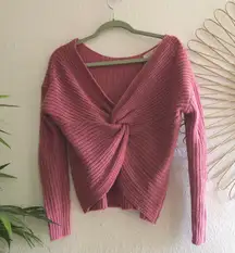 Off shoulder knot front knit barbie pink sweater long sleeve
