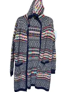 Monteau  Open Front Hoodie Cardigan Sweater Womens M Multicolor Aztec Duster Long