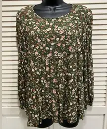 Time & Tru Floral Green/Pink Boho Long Sleeve Blouse Size M Babydoll Tiered‎