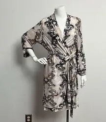 Linea Donatella Wrap Robe 3/4 Sleeve with Belt Black Pink Floral Soft Lounge OS