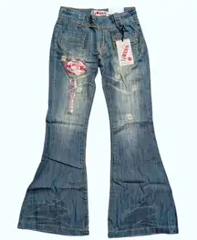 🆕 1st Kiss Womens 7 Hippie Boho Flare‎ Jeans Ripped Faded Wash Lightweight NWT
