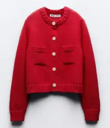 Zara Knit Pocket Cardigan Size Small Red Chunky Crop Sweater Holidays