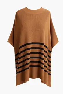 J.Crew Cotton Wool Striped Poncho Sweater Camel Black Stripe OS