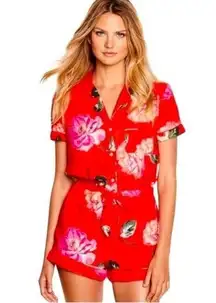 VICTORIA'S SECRET ROMPER JUMPSUIT PAJAMAS RED FLORAL PRINT Size M NWOT