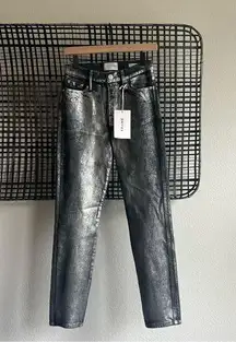 Frame le sylvie slender straight metallic denim jeans chrome noir