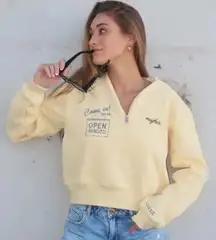 Mayfair Group S/M come in we’re open minded butter yellow bluQuarter-Zip Sweater