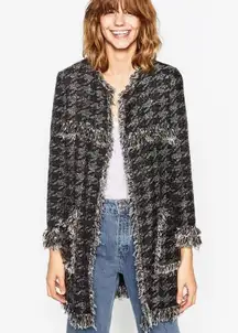 Zara Houndstooth Tweed Fringe Frayed Jacket Cardigan Coat Sweater Blazer NEW