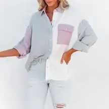 Entro Oversized Gauze Color Block Button Up Shirt White Grey Purple Small