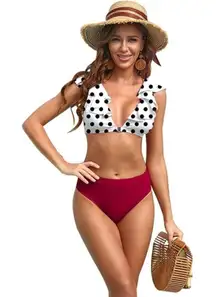 Yuly Swimsuit Womens L White Black Red Ruffle Trim High Waisted‎ Bikini NEW