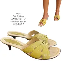 90's‎ VINTAGE COLE HAAN GREEN LEATHER KITTEN SANDALS HEELS SLIDES SZ. 7.