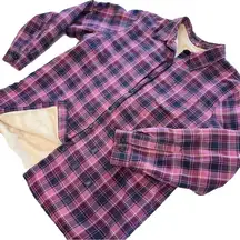 LL Bean Pink Purple Plaid Sherpa Fleece Lined Flannel Shirt Jacket Shacket LARGE