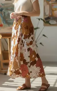 Dodo Bar Or Midi Skirt Womens 10 Orange Floral Silk Asymmetric Fairy Euro Summer