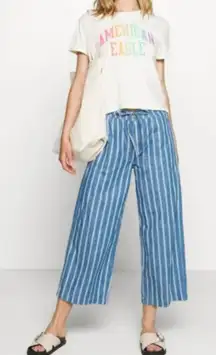American Eagle Womens Striped Chambray Pants Wide Leg Crop Drawstring Size 8