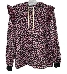 Sandy Liang Target Floral Hoodie Sweatshirt Ruffle Trim Pink Black Womens