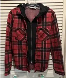 No Boundaries Long Sleeve Flannel Shirt Zip/Button Hood Plaid Size Sm Red/Blk
