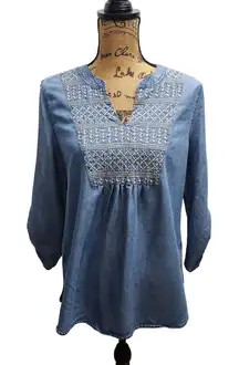 Multiples Embroidered Denim‎ Tunic Top Womens Small 3/4 Sleeve Casual Boho