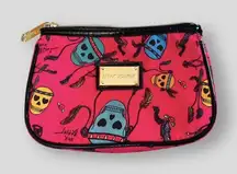 Womens Betsey Johnson Hot Pink Feather Sugar Skulls Skull Zip & Go Makeup Bag