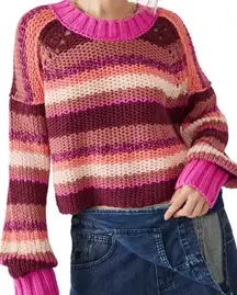 FREE PEOPLE DEVON STRIPED CROP CHUNKY SWEATER XL FUCHSIA ROSE COMBO PREOWNED